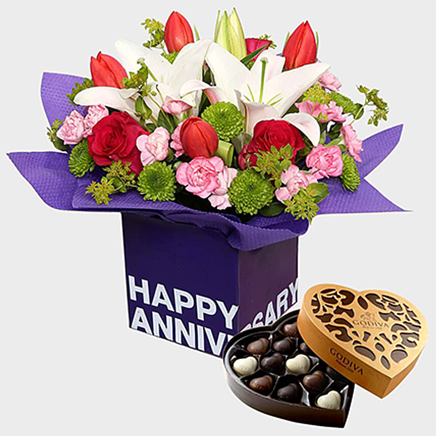 Online Anniversary Special Vibrant Flowers and Godiva Chocolates Gift