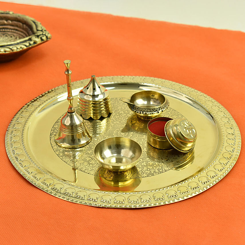 Online Premium Etched Brass Pooja Thali Set Gift Delivery in UAE - FNP