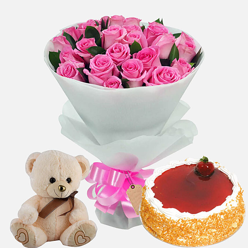 Strawberry Cake with Roses & Soft Toy