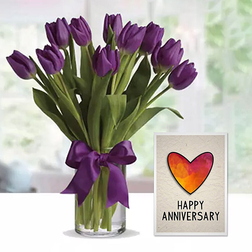 Purple Tulip Arrangement & Handmade Anniversary Greeting Card
