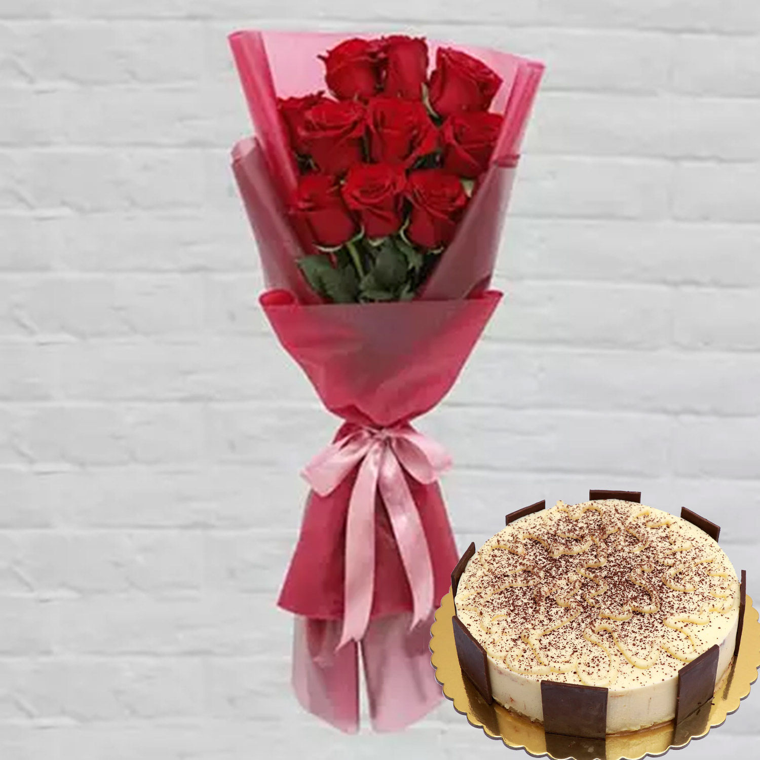 Online 10 Red Roses Tiramisu Cake 8 Portions Gift Delivery in Qatar FNP