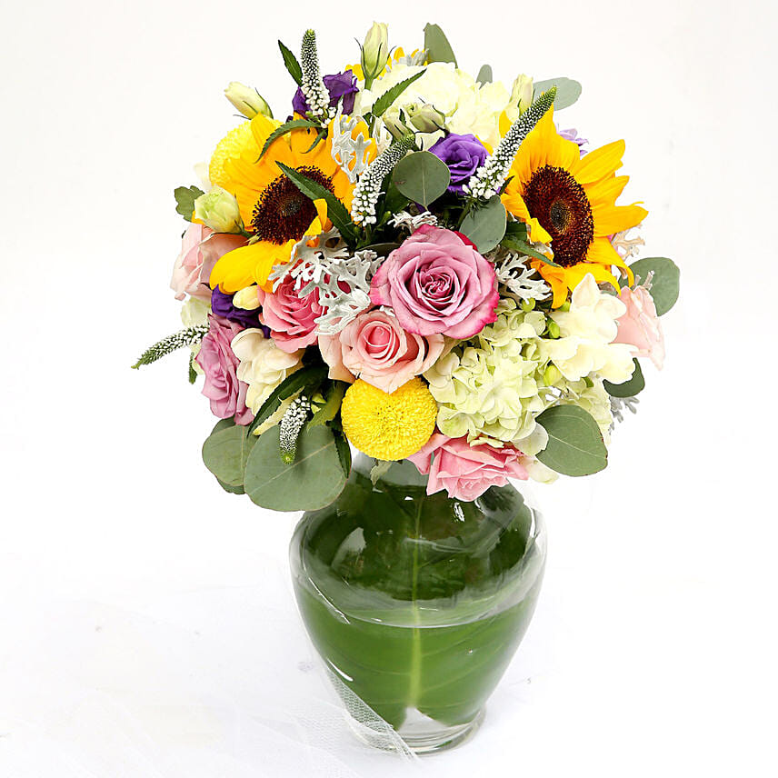 Vivid Roses And Sunflower Mixed Flower Vase Sg In Singapore Gift