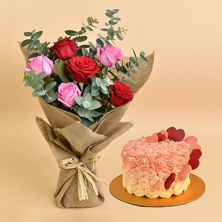 Online 3 Pink 3 Red Roses Love Bouquet With Cake For Valentines Gift