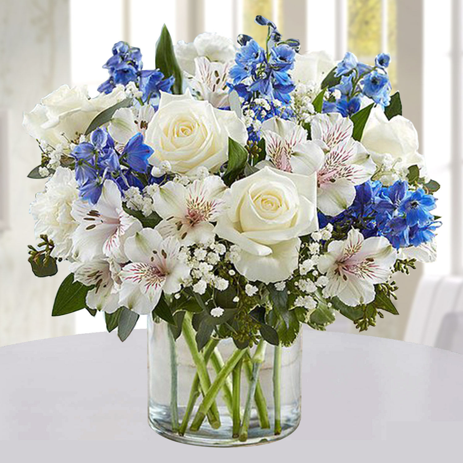 Online Blue White Floral Vase Arrangement Gift Delivery in UAE Ferns